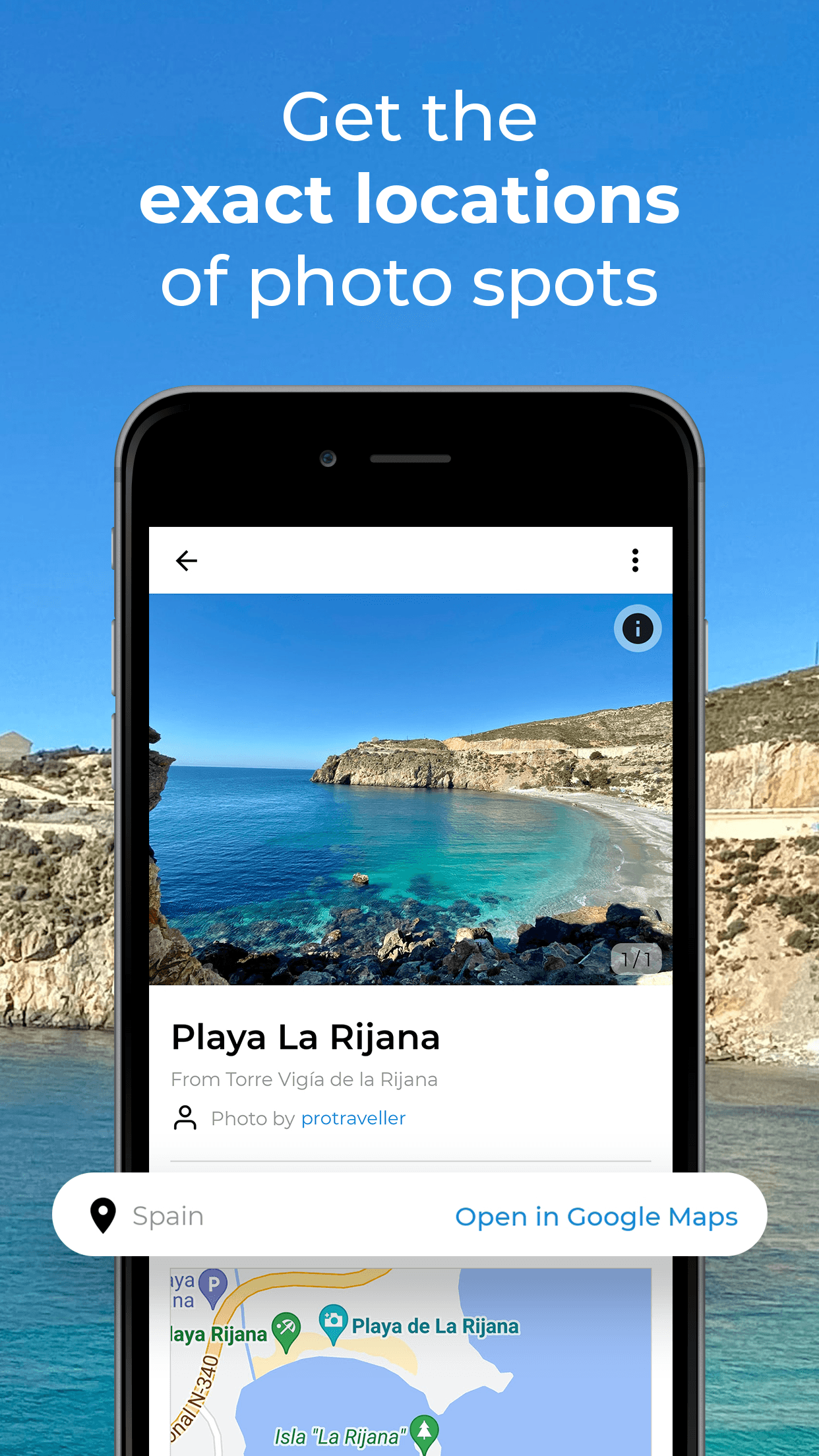 NoFilter spot page showing the exact location of Playa La Rijana in Spain