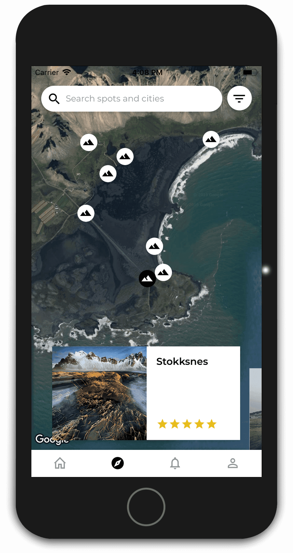 NoFilter map showing precise photo spots near Stokksnes, Iceland